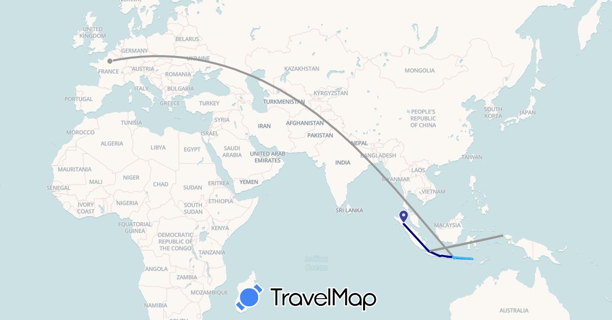 TravelMap itinerary: driving, plane, boat in France, Indonesia (Asia, Europe)
